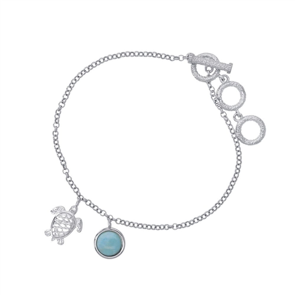 925 Sterling Silver Larimar Round Shape w Plain Turtle Charm Toggle Bracelet 8"